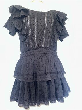LoveShackFancy Black Eyelet Cotton Blouse with Lace Detail